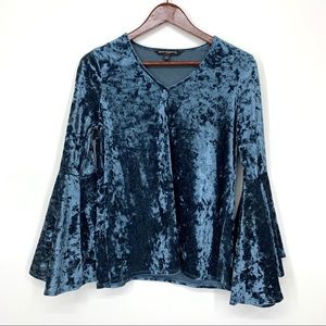 Sharagano Retro Solid Blue Crushed Velvet Wide Bell Sleeve Blouse Size Small
